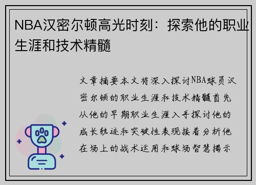 NBA汉密尔顿高光时刻：探索他的职业生涯和技术精髓